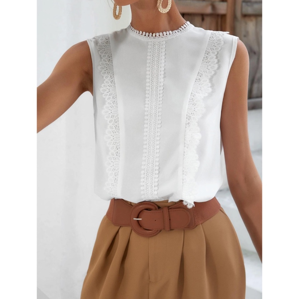 White Elegant Sleeves Top Stand Collar, Trim Embroidered Floral Pattern - Picture 2 of 8